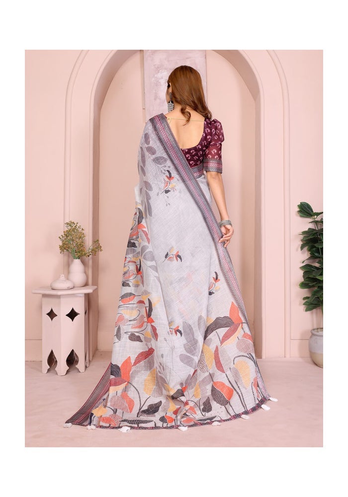 Malishka Export Linen Cotton Grey Saree for Women - Image 2